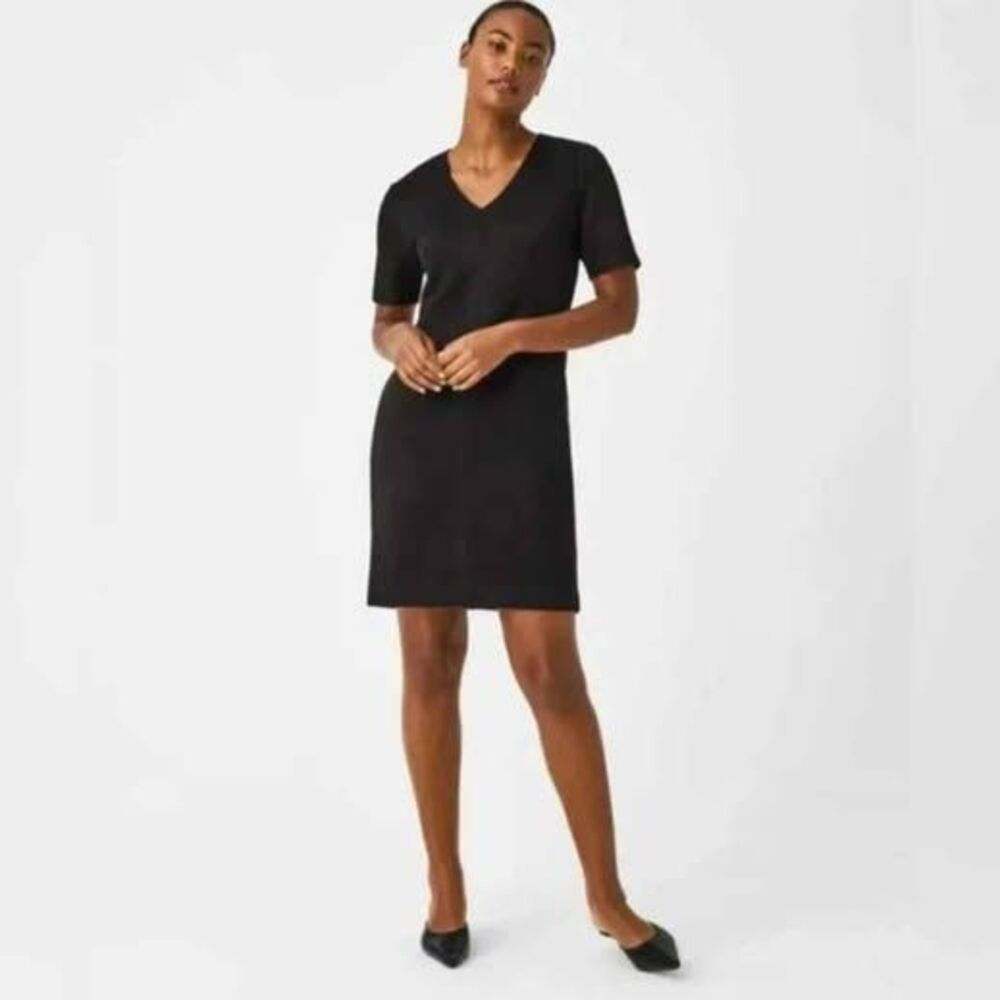 Spanx Black Faux Suede Column Mini Dress Short Sleeve V Neck Size M NWT New
